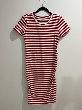 Maternity Dress Small Striped Red White Ruched Midi Old Navy Cotton Stretch